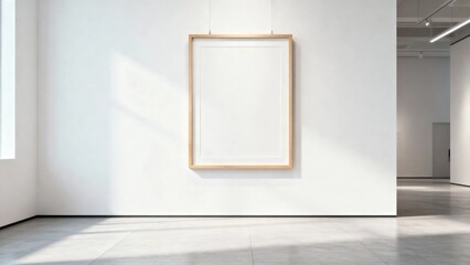 Empty wooden frame hanging on a white wall in a minimalist gallery space