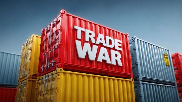 Trade War Concept: Stacked cargo containers, boldly displaying Trade War, represent international trade disputes, showcasing global economic challenges and geopolitical tensions.