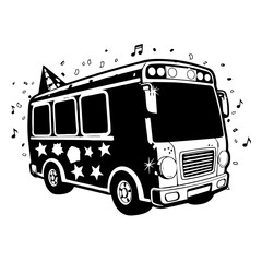 Stylized party bus with stars and music icons.