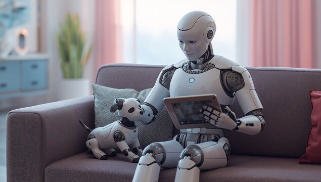 Futuristic robot relaxes on couch with robotic dog companion while using a tablet, creating a sense of comfort and technological advancement indoors