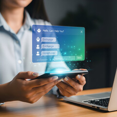 Person using smartphone with holographic AI chatbot interface