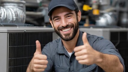 Cheerful Technician: A smiling technician, wearing a work uniform, gives a double thumbs-up while standing near industrial equipment, representing reliability and excellent service.