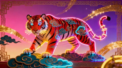 Neon-lit tiger with traditional Chinese patterns standing on clouds against a vibrant purple background