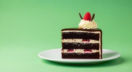A delicious slice of layered chocolate cake with cream, berries, and decorative toppings on a white plate against a green background