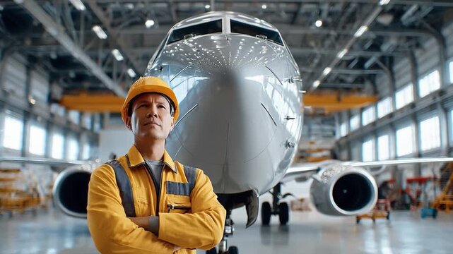 Engineering Visionary: A confident engineer stands proudly, surveying a sleek aircraft within a vast industrial hangar, symbolizing technological advancement. 