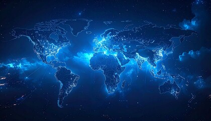 Digital World Map with Glowing Interconnections Representing Global Technology and Communication Networks