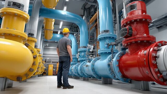 Industrial Insight: A skilled technician, clad in a safety helmet, surveys an intricate network of colorful industrial pipes, symbolizing expertise and innovation in engineering.