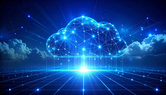 Abstract glowing blue digital cloud network with data streams emanating upwards and across a futuristic grid landscape - Powered by Adobe
