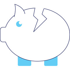 Broken piggy bank outline with blue accents and transparent background financial concept
