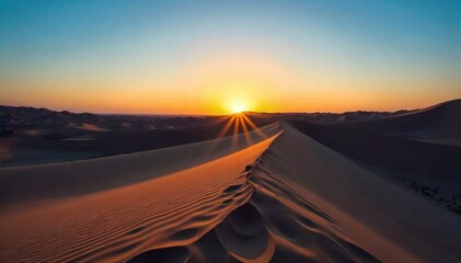 Desert Dune Sunset Expansive desert landscape at sunset. Undulating sand dunes are bathed in warm golden light, casting long, deep shadows. The sky is a gradient of warm colors. Focus on the texture