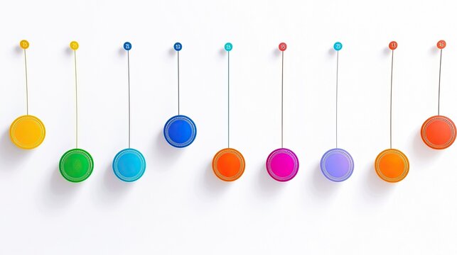 A series of colorful circles suspended by thin strings from numbered points on a white surface.