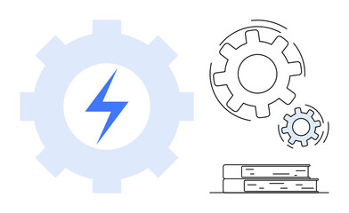 Large gear with lightning bolt, smaller cogs in motion, and books below. Ideal for innovation, engineering, education, productivity, learning problem-solving efficiency. A simple flat metaphor