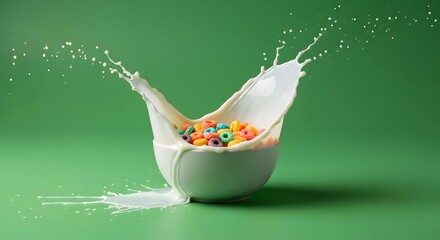 A white bowl filled with colorful cereal pieces is shown with milk splashing out against a vibrant green background, creating a dynamic and lively scene