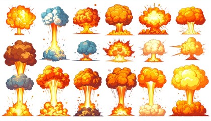 A collection of stylized explosion illustrations, depicting various fire and smoke mushroom clouds