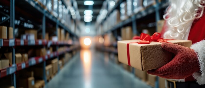 Santa Claus Holding Holiday Gift Box in Modern Distribution Warehouse for Christmas Online Retail and Fast Delivery Logistics, Copy Space. 