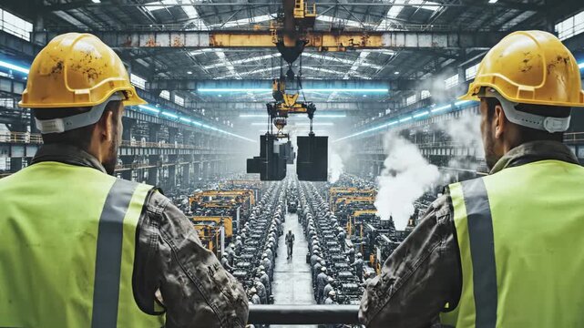 Two workers in safety vests overlooking an industrial facility filled with machinery and workers