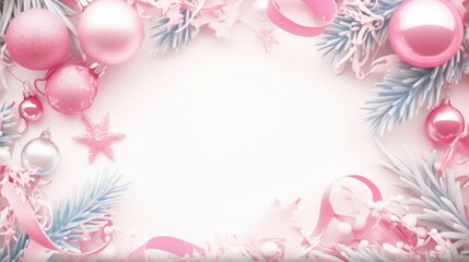 Fototapeta premium Beautiful Winter Holiday Border Frame with Christmas Ornaments, Fir Branches, and Snow: Festive Background Template