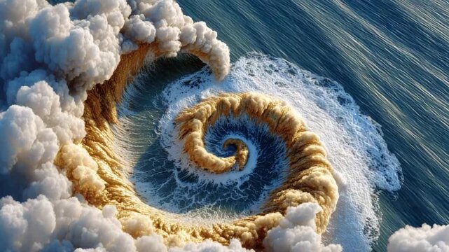 Oceanic Vortex: A captivating visualization of nature's raw power, portraying an intricate spiral formation of swirling water, cascading waves and vibrant textures.