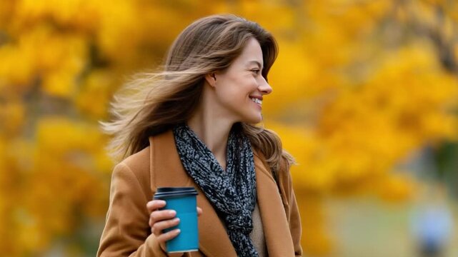 Autumnal Coffee Moment: Capturing the essence of fall, a stylish individual strolls with a warm beverage, immersed in the warm embrace of the season's colors.