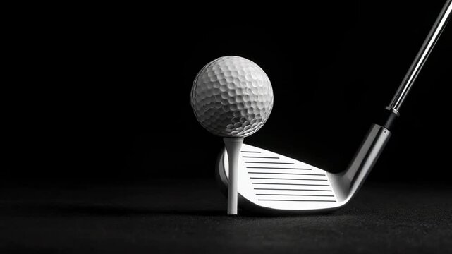 A dimpled white ball sits on a tee poised before a silver-colored iron club on a dark surface with a solid black background