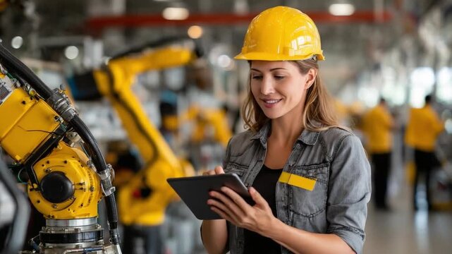 Woman Engineer: A dedicated female engineer in a factory setting, meticulously reviewing data on a tablet. Robots and the hum of industry underscore the intersection of human ingenuity and technology.