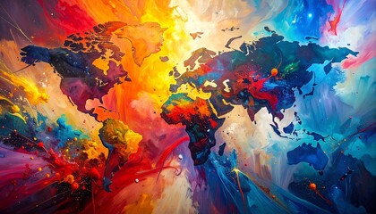 Artistic world map created with a cosmic explosion of vibrant colors, symbolizing global connection and creativity