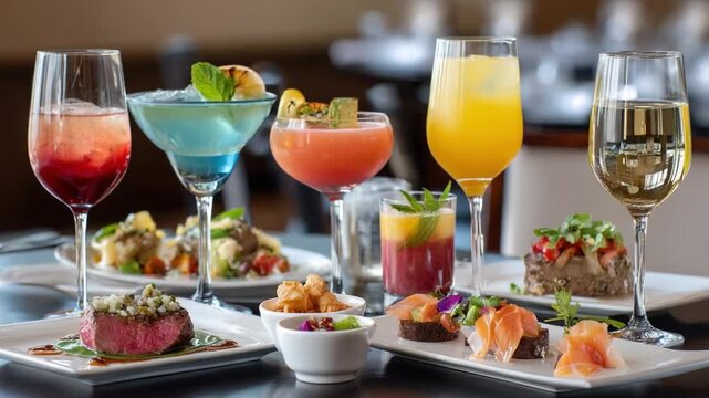 Gastronomic Harmony: A visually stunning composition of diverse cocktails and gourmet food pairings creates a symphony of flavors and aesthetics, offering an inviting scene of culinary art.