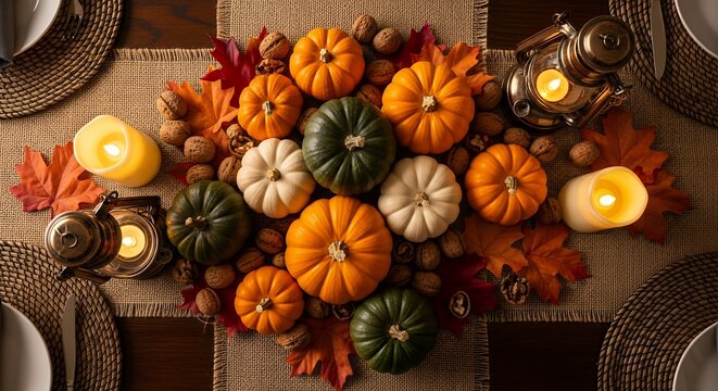 Top-down view of a festive autumn harvest table centerpiece with pumpkins, leaves, nuts, and glowing candles. - Powered by Adobe