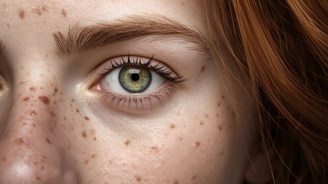 Extreme close-up portrait capturing a detailed view of a green eye surrounded by natural freckles and red hair, emphasizing skin texture, clarity, authenticity, and expressive human beauty