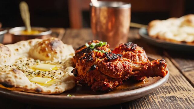 Tandoori chicken with naan bread and butter on wooden table in indian restaurant