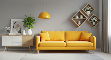 Stylish living room interior with yellow sofa, cabinet and decorations against gray wall