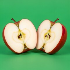 A fresh red cut in half revealing its juicy interior and seeds against a vibrant green background