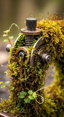 A close-up of a miniature robot covered in moss and plants, blending technology with nature in a creative and artistic composition