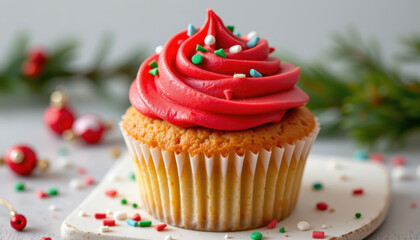Delicious cupcake topped with vibrant red frosting, adorned with colorful sprinkles, perfect for festive celebrations. soft texture and sweet flavor evoke joy and delight