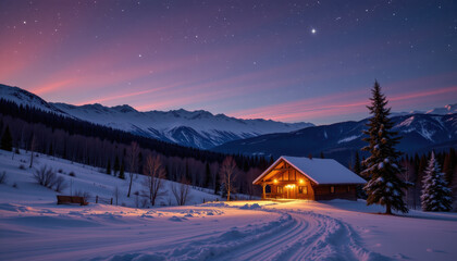 Serene night snowy landscape features cozy cabin illuminated by warm light, surrounded by majestic mountains and starry sky. tranquil scene evokes sense of peace and wonder