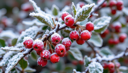 Frost covered red berries on branch create beautiful winter scene, showcasing nature delicate beauty and charm of cold season. vibrant colors contrast with snowy backdrop