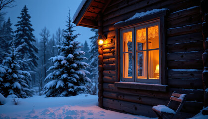Cozy cabin window illuminated by warm light, surrounded by snow covered trees in serene winter landscape. peaceful atmosphere evokes sense of comfort and tranquility