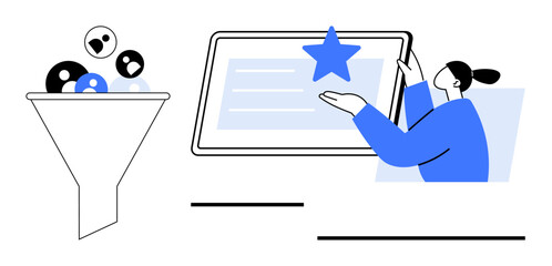Female professional selects top result on tablet with a star while managing a funnel of leads. Ideal for marketing, data sorting, customer targeting, analysis, productivity, lead generation, simple