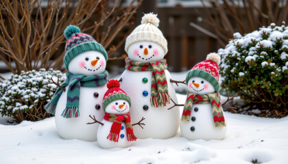 Cheerful snowman family stands together in snowy garden, showcasing their colorful hats and scarves. scene evokes warmth and joy during winter festivities
