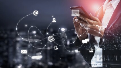 Omnichannel marketing journey showing interaction across media, email, messaging, mobile,...