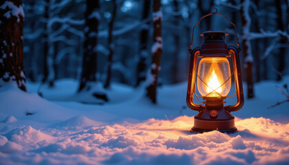 Glowing lantern illuminates snowy landscape, casting warm light in serene winter forest. tranquil scene evokes feelings of peace and nostalgia