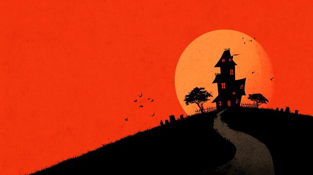 Spooky haunted house silhouette with eerie moon glow - Powered by Adobe
