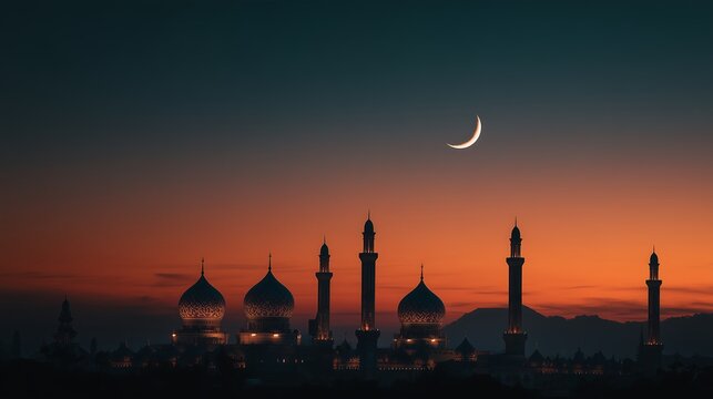 Ramadan Crescent moon over mosque at sunset twilight