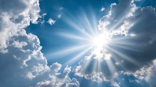 Stunning sunlight beams through fluffy clouds in blue sky