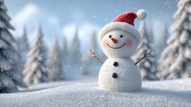 Adorable snowman smiling in snowy winter wonderland scene
