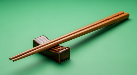 A pair of wooden chopsticks resting on a small, rectangular ceramic holder against a vibrant green background, illustrating traditional Asian dining utensils