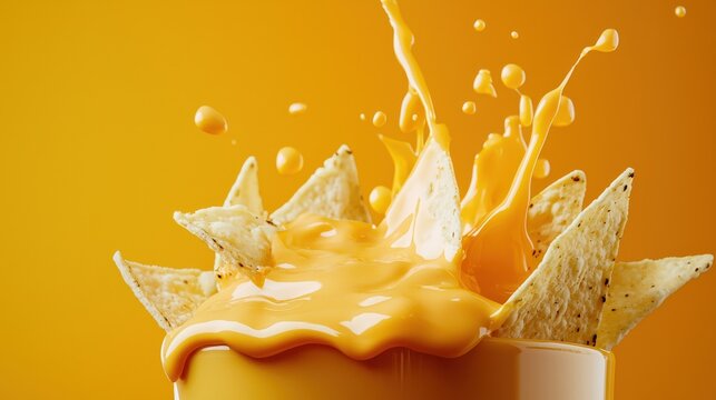 A splash of melted cheese over nachos, dynamic motion with vibrant yellows and oranges