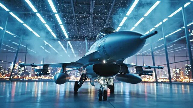 A fighter jet sits in a hangar with city lights visible through the windows