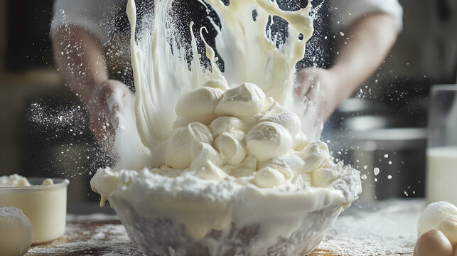 Chef throwing a bowl of cream and flour into the air in a kitchen, creating a splash