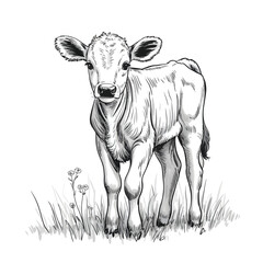 Black and white sketch of a young calf standing in a grassy field